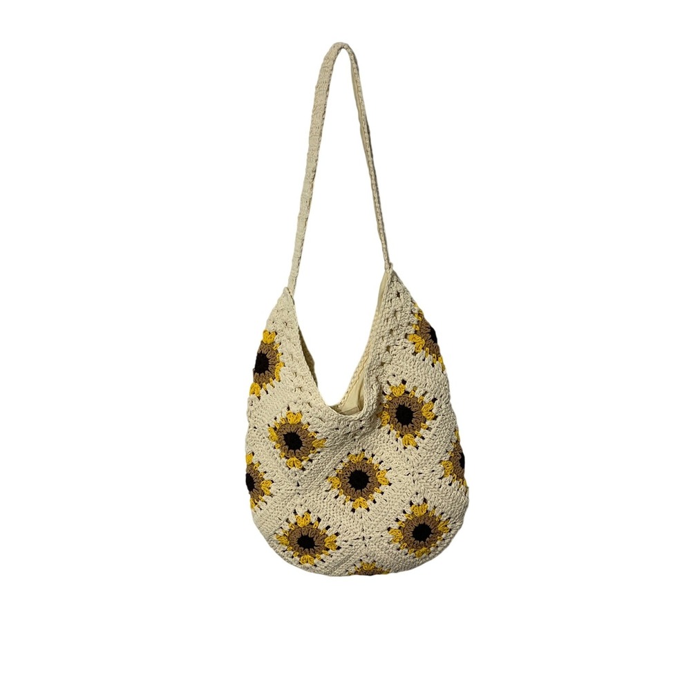 Unbranded Sunflower Crochet Hobo Bag Womens‎ OS Cream Yellow Boho Granny Square
